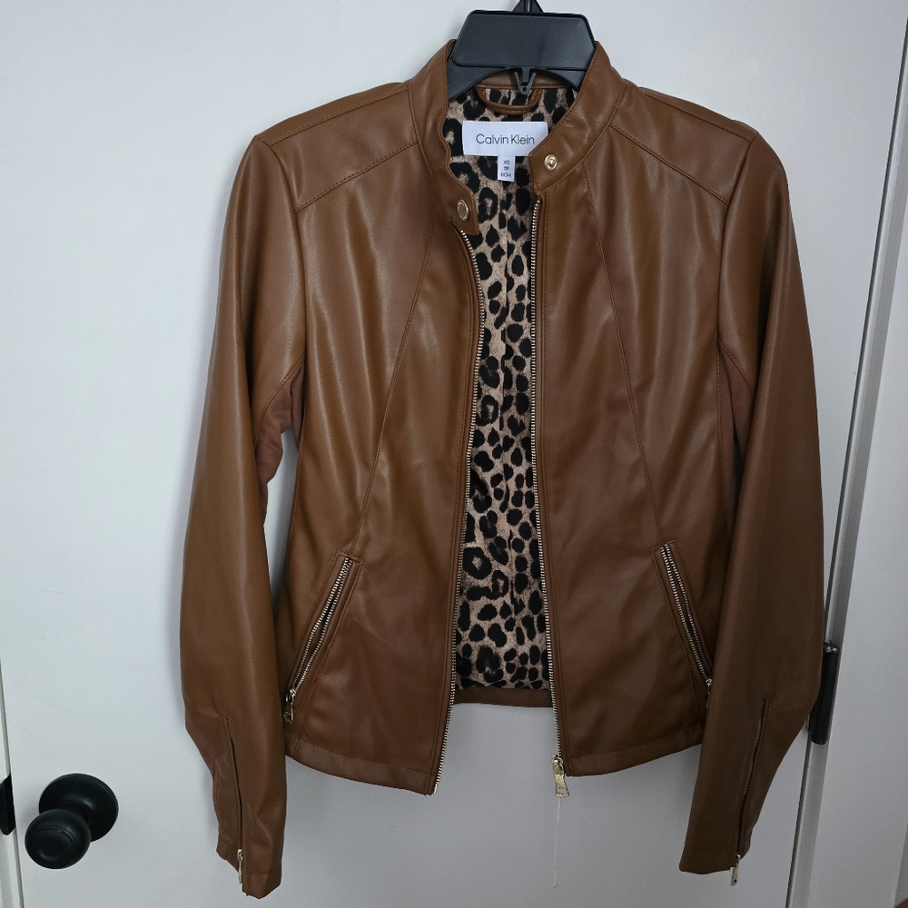 Cognac Colored Calvin Klein faux-leather moto jacket SZ XS